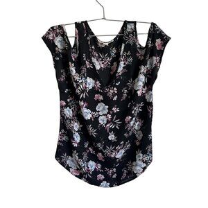 Pink Republic Junior Cold Shoulder V Neck Shirt Black with Floral Sz XS
